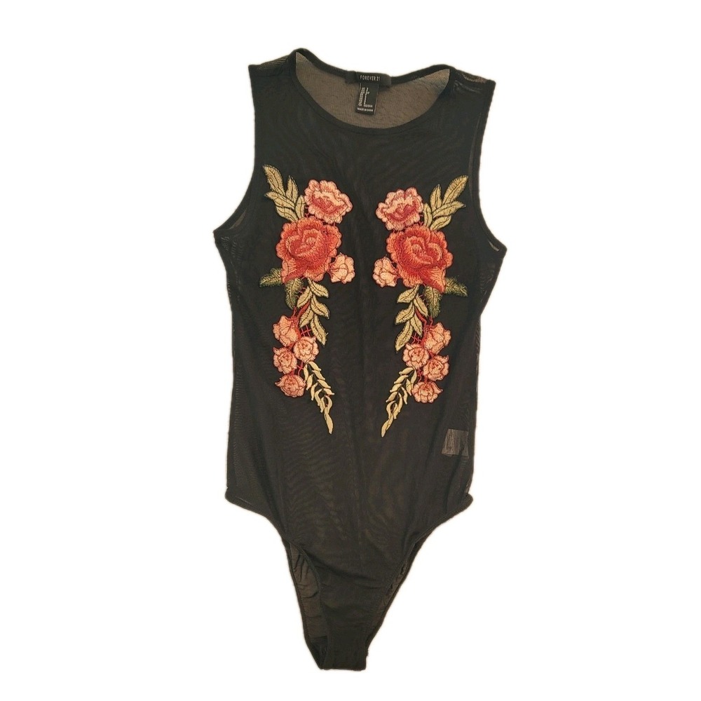 Forever 21 Sheer Floral Applique Bodysuit S Y2K Sexy Romantic Lagenlook‎ Goth